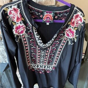 Johnny Was Black Top with Pink and White Embroidery